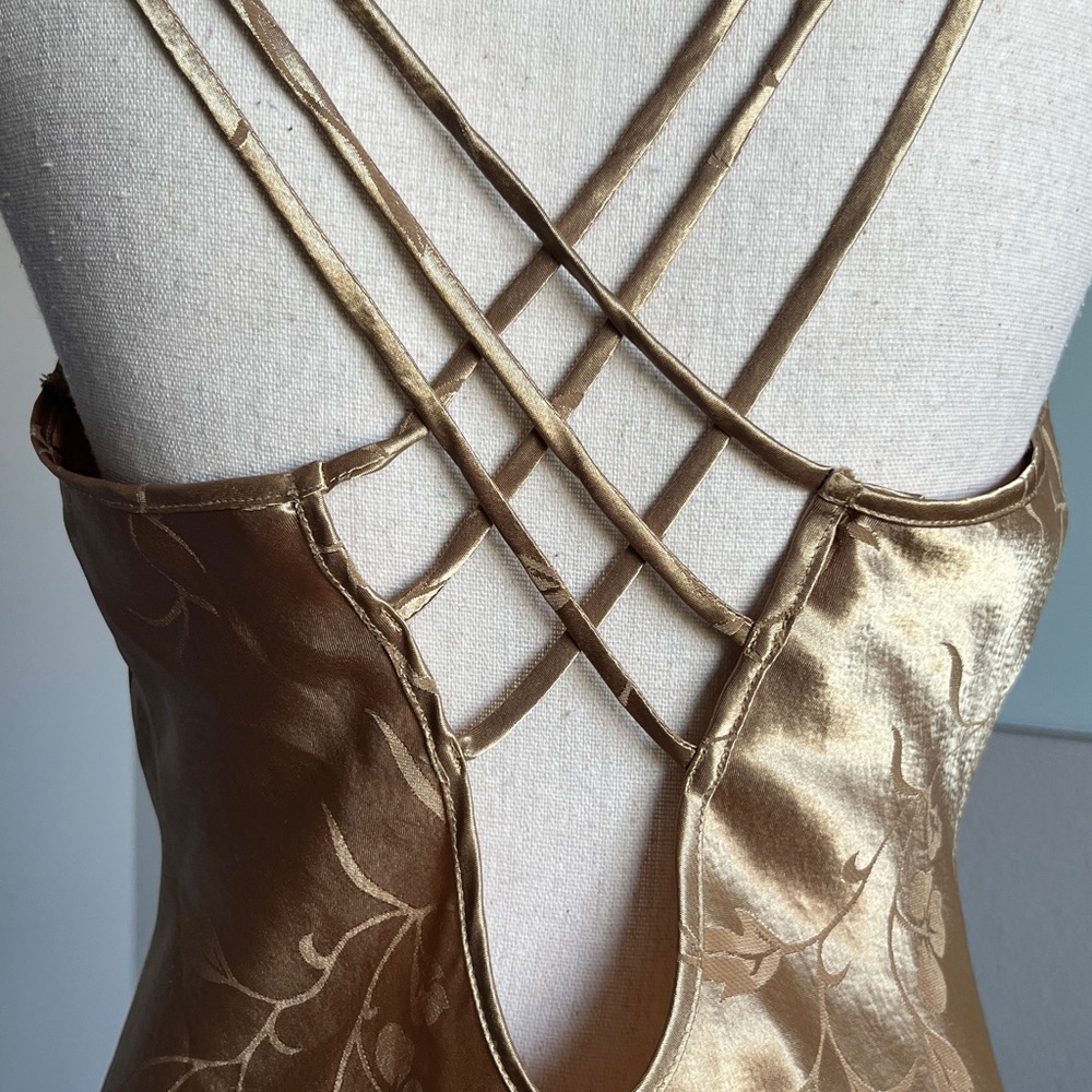 Inner Most Gold Satin Floral Jacquard Slip Dress Braided Strappy Cross Back M - Picture 6 of 8